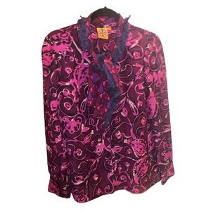 Tory Burch printed button down with attached scarf size 6 wool and silk